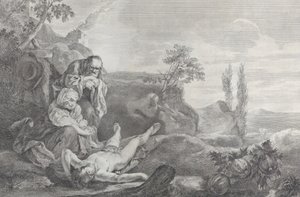 Adán y Eva a la izquierda, como una pareja de ancianos, llorando sobre el cadáver de Abel que yace, 1743-63 de Pietro Monaco