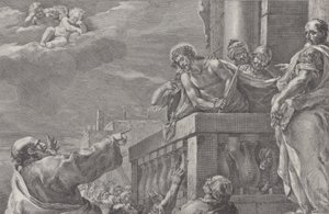 Cristo en un balcón rodeado de guardias, Pilato está a la derecha gesticulando, ca. 1730-1739 de Pietro Monaco