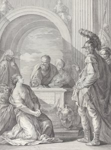 La hija de Jefté arrodillada junto al altar sacrificial, con su padre de pie a la derecha de Pietro Monaco