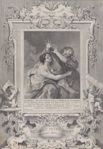José y la esposa de Potifar, dentro de un marco ornamentado de Pietro Monaco