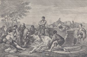 José vendido como esclavo por sus hermanos, que se sientan alrededor de un pozo dividiendo el botín, 1730-39