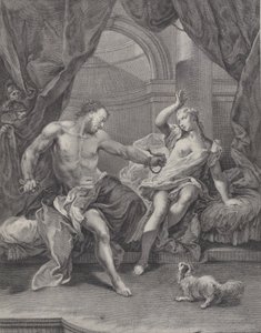 Sansón y Dalila sentados en una cama, Sansón rompiendo las cuerdas que atan su mano..., ca. 1730-39