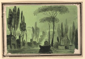 Diseño de escenario, escaleras entre tumbas