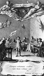 Carlo Goldoni ondea una bandera en celebración de pasar su año en la escuela jesuita en Perugia, de 
