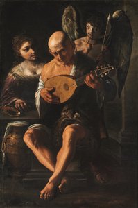 Un anciano toca la guitarra acompañado de una mujer y un putto (óleo sobre lienzo) de Pietro Paolini