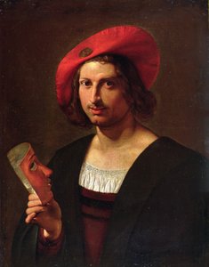 Retrato de un hombre joven con sombrero con insignia, sosteniendo una máscara (óleo sobre lienzo)