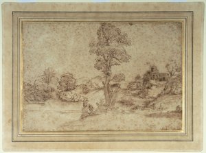 Paisaje con un lago y edificios, una madre y un niño sentados junto a un árbol de Pietro Paolo (attr. to) Bonzi