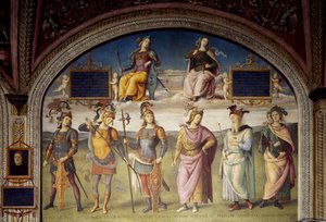 Alegorías de la Fortaleza y la Templanza con Seis Héroes Antiguos de Pietro Perugino