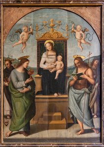 Virgen entronizada entre San Gervasio, Protasio, Pablo y Pedro de Pietro Perugino