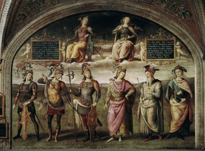 Fuerza y templanza con seis héroes antiguos. A la izquierda, autorretrato del artista en trampantojo, luego de izquierda a derecha, Lucio Licinio Craso (140-91 a.C.), Leónidas I de Esparta (540-480 a.C.), Rey de Lacedemonia, Publio Cornelio Escipión (255-2
