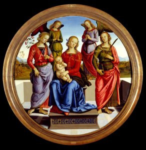 La Virgen y el niño rodeados por dos ángeles, Santa Rosa y Santa Catalina. Pintura de Pietro Vannucci llamado el Perugino de Pietro Perugino