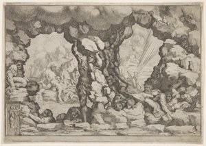 Un gigante levantando una roca en el centro, otros gigantes a la izquierda y derecha luchando, ca. 1680