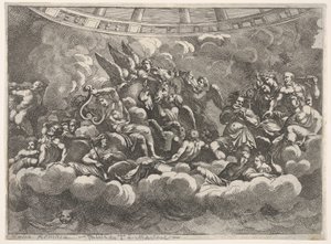 Reunión de varios dioses olímpicos y figuras mitológicas entre nubes, Apolo en el centro, ca. 1680