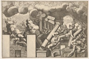 Gigantes aplastados por rocas y las columnas caídas del templo, nubes de humo arriba...