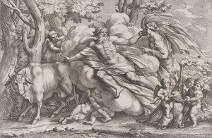 Io a la izquierda como una vaca, Júpiter en una nube en el centro y Juno a la derecha con pavo real, 1650-90 de Pietro Santi Bartoli