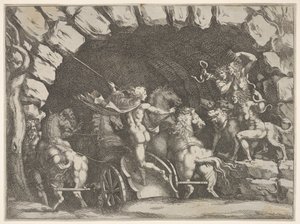 Plutón, visto desde atrás, entrando al inframundo en su carro, Cerbero y tres Furias, ca. 1680