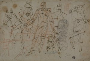 Bocetos de hombres, caballos y diseño decorativo de Pietro Sorri