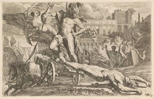 Aquiles arrastrando el cuerpo de Héctor alrededor de las murallas de Troya de Pietro Testa