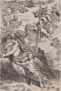 María Magdalena en el desierto, una cruz llevada por ángeles a la derecha de Pietro Testa