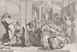El simposio de Platón: Sócrates y sus compañeros sentados alrededor de una mesa discutiendo sobre el amor ideal de Pietro Testa