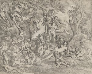 El Jardín de Venus que se reclina en el centro ante un herma de Pan y rodeada..., ca. 1631-37 de Pietro Testa