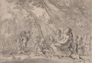 El jardín de la caridad, mujer representando la Caridad a la derecha rodeada de niños, ca. 1631-37 de Pietro Testa