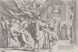 El suicidio del filósofo Cato, que yace en su cama sacándose las entrañas observado por..., 1648 de Pietro Testa