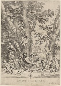 Joven mujer, rodeada de cupidos (El jardín de la caridad, versión vertical) de Pietro Testa