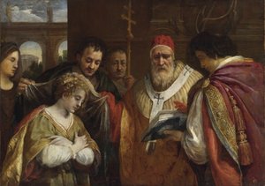 Flavia Domitila (muerta después de 95) recibiendo el velo del Papa Clemente I - por Cortona, Pietro da