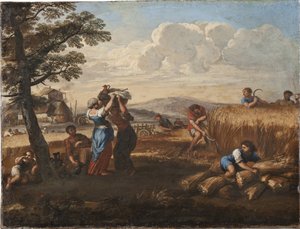 Paisaje con escena de cosecha, por Cortona, Pietro da (1596-1669) de Pietro da Cortona