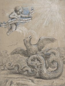 Diseño con un águila luchando con una serpiente y un putto en el cielo sosteniendo..., siglo XVII de Pietro da Cortona