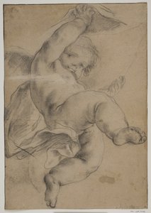 Putto volador levantando una cortina