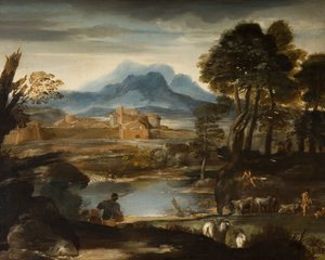 Paisaje con un lago y una ciudad amurallada, 1635 de Pietro da Cortona