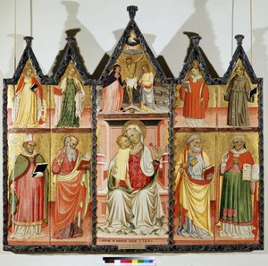 Políptico de la Virgen y el Niño con santos. Arriba a la izquierda: Santa Catalina de Alejandría y Santa María Magdalena. En el centro, alrededor de Cristo en la Cruz con la inscripción "INRI" (I.N.R.I.) . la Virgen María y San Juan. Arriba a la derecha: S de Pietro di Giovanni Lianori