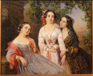 Retratos de las hermanas Condesa Elisabeth Salias de Tournemire (1815-1892), Sofía Sujovo Kobylina (Sujovo-Kobylina) (1825-1867) y Eudokia Petrovo Solovo - Pintura de Pimen Nikitich Orlov (1812-1863), óleo sobre lienzo