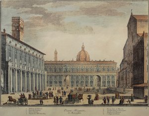 Italia, Bolonia, Piazza Maggiore o Piazza Grande, por Pio Panfili, grabado de Pio Panfili