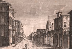 Vista de la Strada Maggiore en Bolonia, Emilia-Romaña, Italia, grabado en cobre de C. Lambertini a partir de un dibujo de Pio Panfili (1723-1812), aproximadamente 13,5 x 19 cm. de Pio Panfili