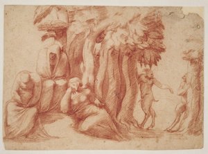 Tres ninfas en un bosque espiadas por tres sátiros