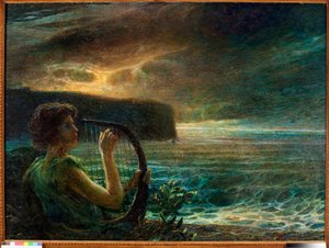 Luna llena, Homenaje a una deidad femenina, tocando la lira en un paisaje marino con cielo tormentoso (óleo sobre lienzo de Plinio Nomellini