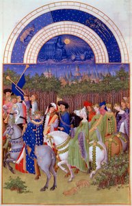 Cortejo de nobles y músicos a caballo, vista del Palacio Ducal de Riom (?) y el mes de mayo. Miniatura flamenca de Pol De Limburg (siglo XV) del manuscrito “Las muy ricas horas del Duque de Berry” de Pol de Limbourg