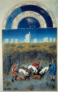 Diciembre: escena de caza. Al fondo vista de Vincennes. Miniatura flamenca de Pol De Limburg (siglo XV) del manuscrito 