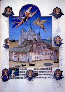 Vista de Mont Saint Michel: el arcángel San Miguel y el ala del dragón representados luchando en el aire. Miniatura flamenca de Pol de Limburg del 