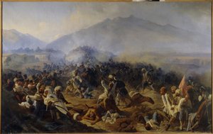 El sitio de Akhty en 1848. Escena de la batalla en las montañas del Cáucaso Norte, entre el ejército ruso y las tropas del imán Shamil (1797-1871), que dirige a sus guerreros con afán de independencia y por motivos religiosos (Yihad). Peintu de Polidor Ivanovich Babaev