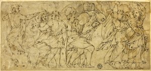 Hombres y mujeres cargando barriles y fardos de Polidoro da Caravaggio