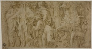 Historia de Níobe: Níobe recibiendo regalos de adoradores; Joven con caballo de Polidoro da Caravaggio