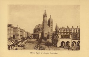 Cracovia-Krakau: Plaza del Mercado Principal con la Iglesia de Santa María (foto b/n) de Polish Photographer