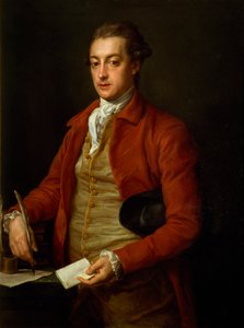 Retrato del Honorable Lionel Damer, medio cuerpo con Abrigo Rojo, Chaleco Gris y Corbata Blanca, sosteniendo un Papel y una Pluma de Pompeo Girolamo Batoni