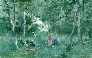 Damas elegantes recogiendo flores en un bosque (color de la carrocería en la tarjeta)