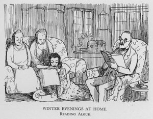 Noches de invierno en casa; lectura en voz alta (litografía)