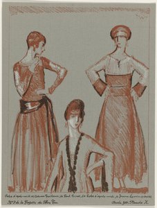 Gazette du Bon Ton, 1921 - No. 3, Pl. X: Vestido de tarde y traje sastre, de Paul Poiret, y vestido de tarde, de Jeanne Lanvin (título sobre el objeto) de Porter Woodruff